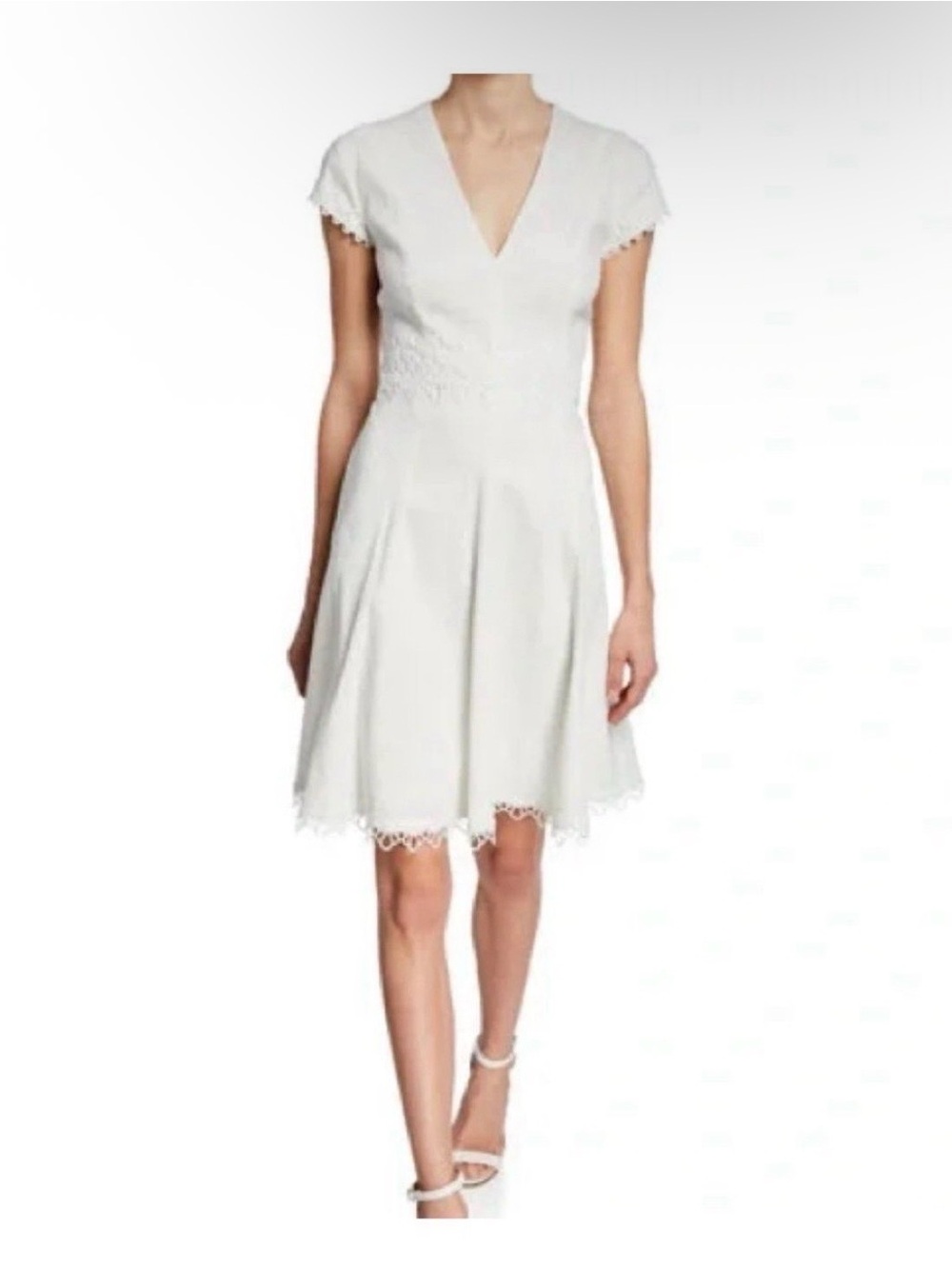 Elie Tahari White V-Neck Fit-and-Flare Lace-Trim Mini Dress